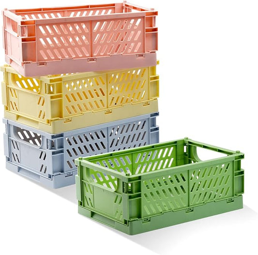 4 Pack Pastel Crates for Storage, Plastic Folding Basket, Colorful Small Storage Containers for Bedroom Office Classroom Bathroom Desktop Drawer Organizer Decor (9.8x6.5x3.8inch)