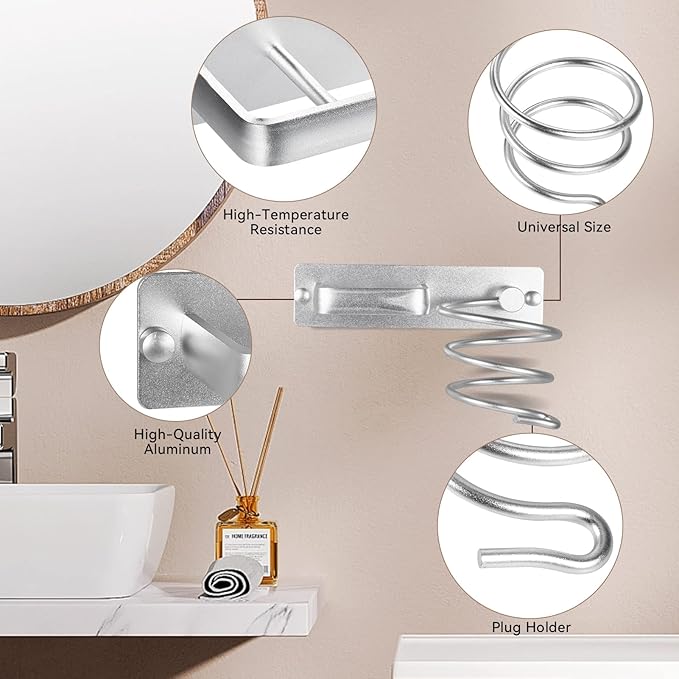YUET Hair Dryer Holder Hairdryer Station Wall Mounted Shelf Bracket Straightener Stand Hanger Organizer Blow Storage with Cable Tidy Rack for Dressing Table Bathroom Aluminum Professional, Silver