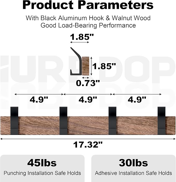 17 Inch Black Walnut Wood Wall Mounted Coat Rack with 4 Black L Hooks, Adhesive Mounted Entryway Hooks, Modern Natural Wooden Pegs for Hanging Coat Clothes Hat Bag Purse Key and Towel