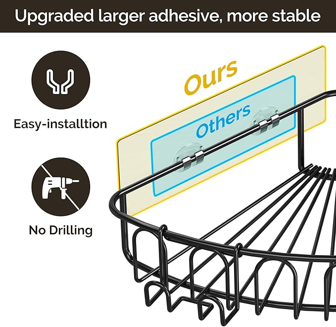 Orimade Corner Shower Caddy Stainless Steel with Hooks Wall Mounted Bathroom Shelf Storage Organizer Adhesive No Drilling 3 Pack, Black Only for 90-Degree Corner