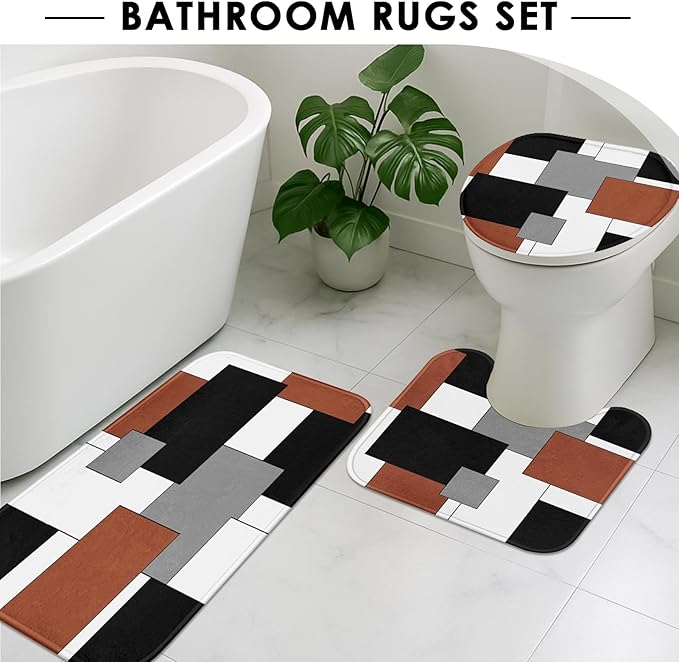 Brown Geometric Shower Curtain Set with Toilet Lid Cover and Non-Slip Rugs for Bathroom, Black Grey White Checkered 4 Pcs Shower Curtain, Modern Abstract Bathroom Set with 12 Hooks