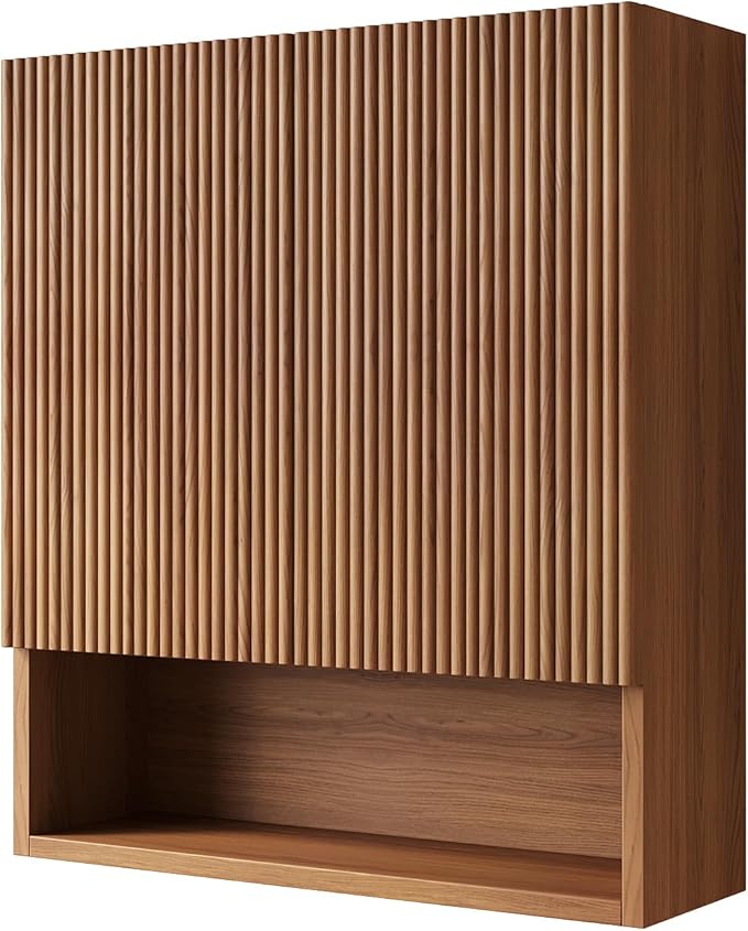 USHOWER Brown Oak Bathroom Wall Cabinet, Thickened MDF Medicine Cabinet with 2 Fluted Doors & Open Shelf, Over the Toilet Storage Cabinet for Laundry Room, Living Room, Kitchen, Wall Mounted