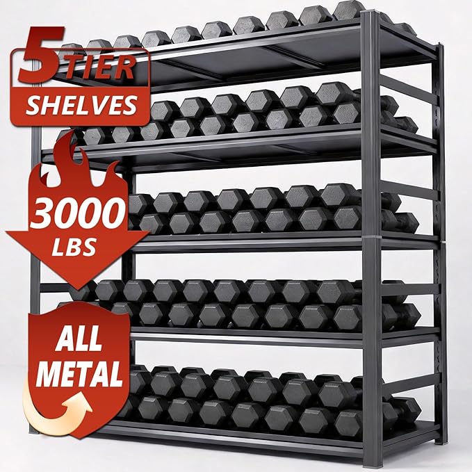 Heavy Duty 5-Tier Adjustable metal garage shelving Unit, corner shelf rack organization and storage shelves, 3000 lbs industrial shelving, tool organizer garage storage shelves 47.2"W × 23.6"D × 87"H