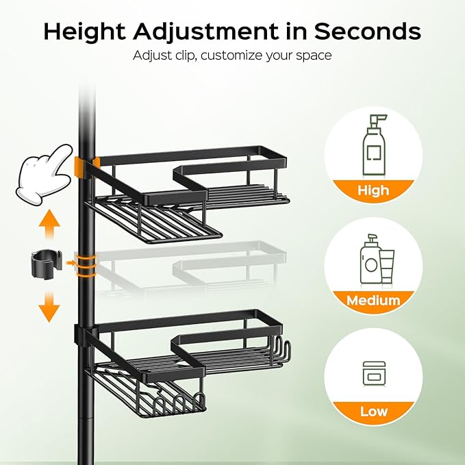 HAMITOR Shower Caddy Tension Pole: 4-Tier Corner Rustproof Bathroom Organizer with Soap Holder & Hooks - No-Drill Adjustable Shower Shelf for Renters - Family Stand Storage Rack - 47-123 Inch Black