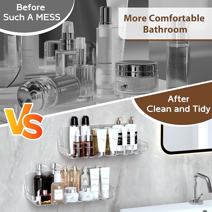 Acrylic Shower Shelves 2 Pack, Adhesive Clear Bathroom Shelf, Plastic Shower Caddy with Self Adhesive Tape, No Drilling, Wall Mounted Shower Organizer for Bathroom Storage & Kitchen