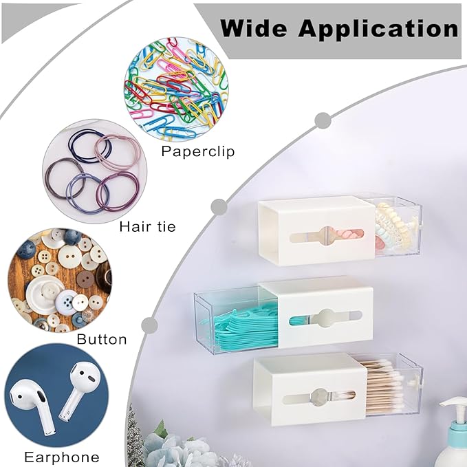 Qtip Holder Plastic Bathroom Dispenser Accessories Storage Canister Wall Mounted Apothecary Jar for Q-tip Cotton Swab Balls Pads Small Vanity Organizer with Double-sided Drawer