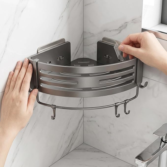 Corner shower rack, corner shower shelf suction cup， Non perforated shower rack, bathroom decoration, aviation aluminum, matte gray, caddy with towel bar and hook (1)
