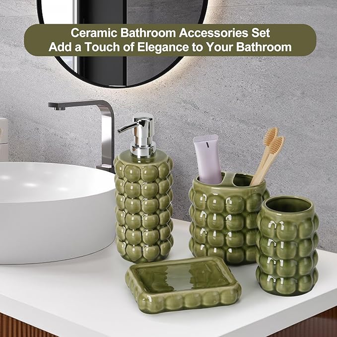 4 Piece Ceramic Bathroom Accessories Set –Soap Dispenser,Toothbrush Holder,Tumbler & Soap Dish,Includes Silicone Funnel,Non-Slip,Modern Farmhouse Countertop Organizer Set for Bathroom Decor, Green