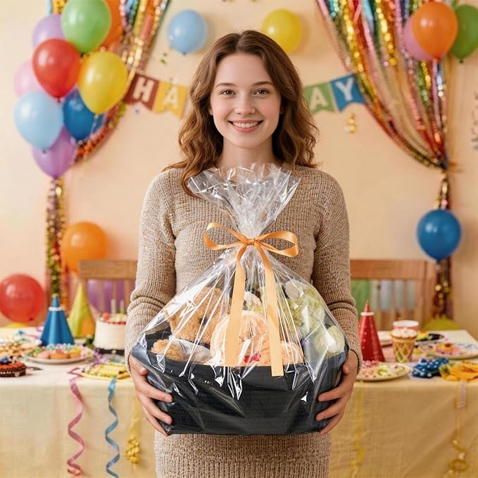 Small Woven Gift Basket Empty with Bag & Ribbon - Gifts for Mom, Baby Shower, Birthdays & Raffle - Cotton Rope Storage Basket for Dog Toys or Shelf - 12"x8"x5", Black