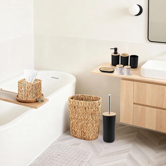 Bathroom Accessory Set, 10 Pieces Bath Set- Wicker Trash Can Tissue Box Soap Dish Toothbrush Holder Rinse Cup Lotion Bottle Toilet Brush Qtip Holder - Practical Bathroom Decor Sets (Ratten Black)