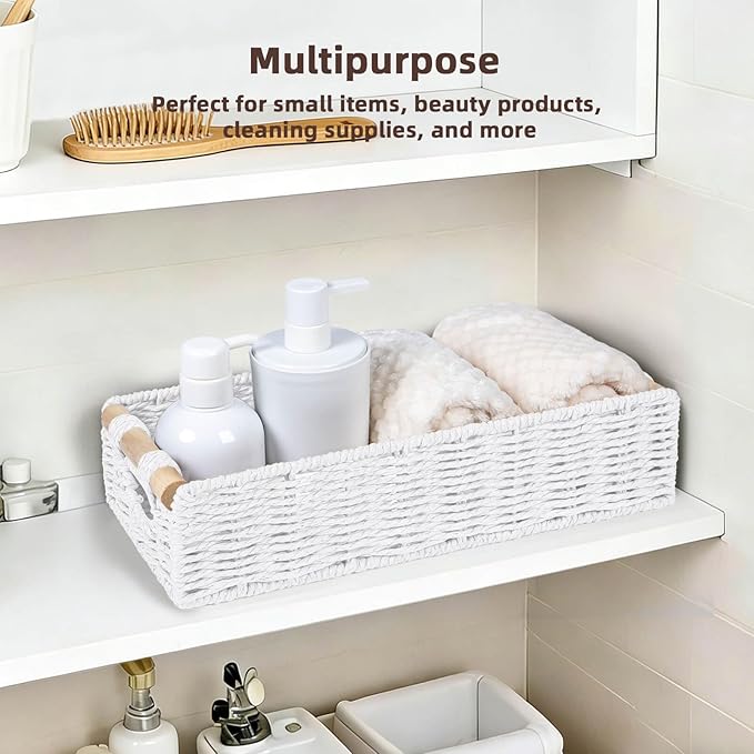 CubesLand Back of Toilet Storage Basket for Organizing w/Cut Out Handle, Handwoven Toilet Tank Top Paper Baskets, Wicker Decorative Basket for Countertop, Home Decor, Living Room, Nursery, White