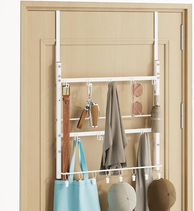Consumest Over the Door Organizer - 3 Tier Door Hanger Hooks for Hanging Clothing, 24 Inches Long Coat Hanger for Bedroom, Bathroom, Laundry or Dorm Room, White