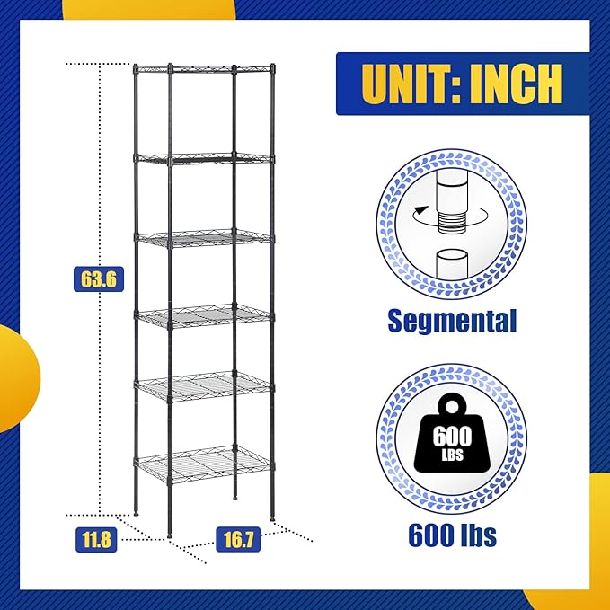 5-Tier Storage Shelves, Wire Metal Shelving Unit with Adjustable Shelves, 750 lbs Capacity, Heavy Duty Storage Rack for Kitchen, Pantry, Garage, Bathroom, Office Organization, 16.7" L×11.8" W×47.6" H