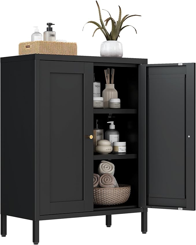 Bevivog Small Bathroom Storage Cabinet, Black Metal Locker Cabinet with 2 Doors and 2 Adjustable Shelves, Metal Floor Cabinets Sideboard for Home Office, Living Room, Hallway, Entryway