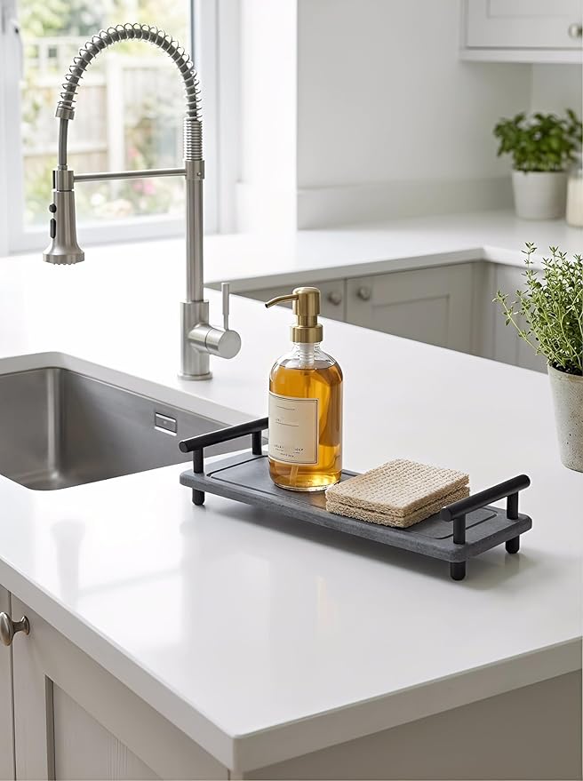 Instant Dry Sink Caddy Organizer,Diatomaceous Earth Bathroom Organizer with Handle Water Absorbing Stone Tray for Sink Water Absorbent Diatomite Coasters (S Gray Black Handle)