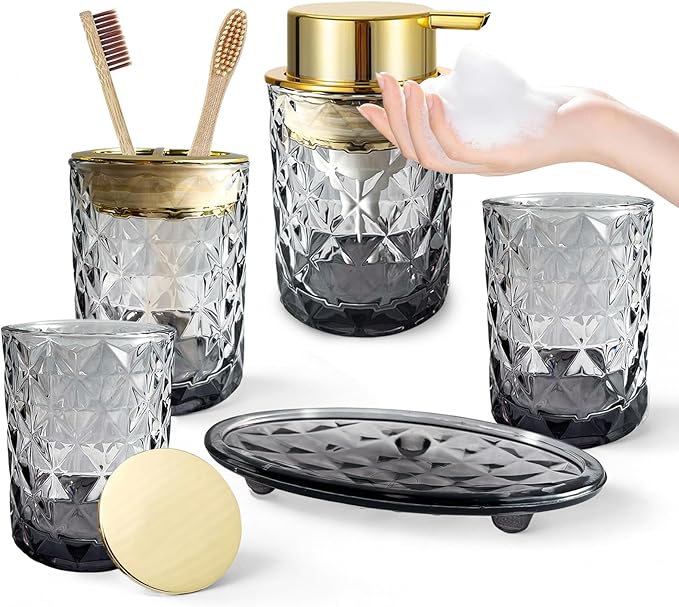 5PCS Bathroom Accessory Set,Black Bathroom Countertop Organizer Set with Soap Dispenser, Toothbrush Holder, Tumbler, Q-tip Holder & Soap Dish,Elegant Functional Glass Set, Gift for Home & Apartment