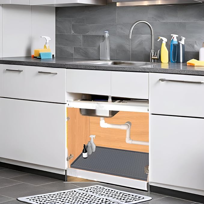 Under Sink Mat 25 x 19, Silicone Under Sink Mats for Kitchen Waterproof, Under Sink Liner, Easy to Clean Bathroom Cabinet Mat Organizers and Storage, Grey