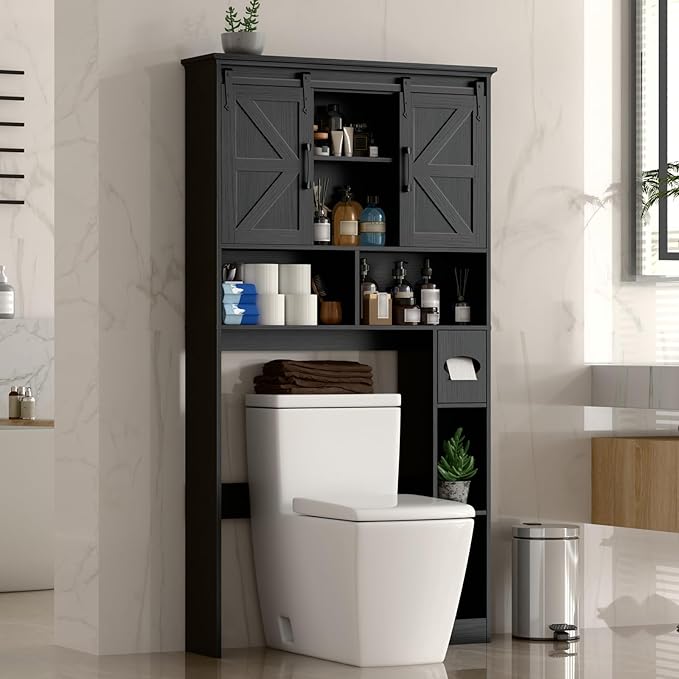 Halitaa Over The Toilet Storage Cabinet,Farmhouse Space-Saving Toilet Rack with 2 Sliding Barn Doors,Bathroom Organizer with Toilet Paper Holder Stand & Storage Shelves,for Laundry, Bathroom,Restroom