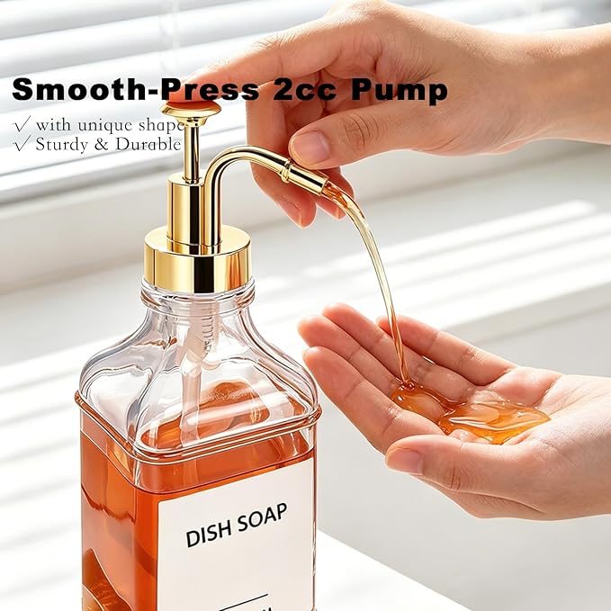 Dish Soap Dispenser for Kitchen, Hand Glass Soap Dispenser Set with Pump, Funnel for Bathroom, Shower, Laundry, Liquid, Lotion (Gold 2 Pack 18 Oz Clear Bottles with 12 Stickers)