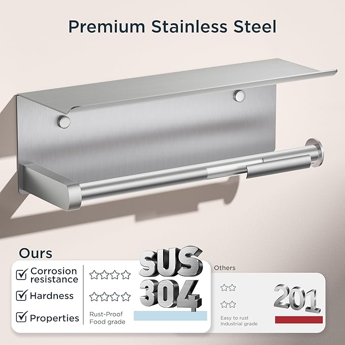 FORIOUS Paper Towel Holder with Shelf, SUS304 Stainless Steel Paper Towel Holder with Storage Shelf, Wall Mount Screw Paper Roll Organizer Commercial Paper Hand Towel Dispensers, Sliver