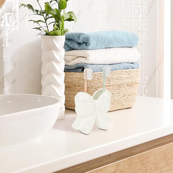 Cute Toothbrush Holder, Ceramic Bow Toothbrush Holder, with Drain Hole Bathroom Countertop Accessories, for Bathroom Canister Storage Organization, Vanity Makeup Organizer (White)