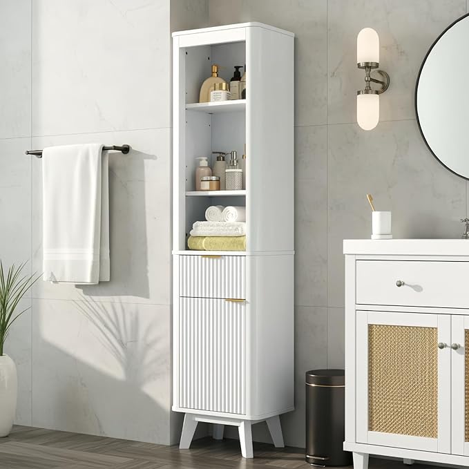 XIAO WEI 68" Tall Bathroom Storage Cabinet, Narrow Bathroom Storage Cabinets with 3 Adjustable Shelves, Slim Wooden Storage Cabinet with 1 Drawer & Door for Bathroom, White