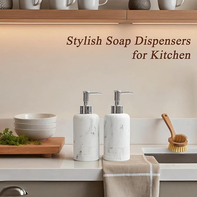 YMXYJM 2pcs/Set Hand Soap Dispenser Sets - 10.8oz Refillable Resin Liquid Soap Dispensers with Rust-Proof Pump for Bathroom Countertop or Kitchen, Marble White