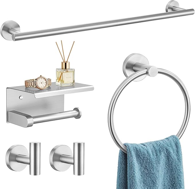 TURS Brushed Nickel 5-Piece Bathroom Hardware Set Towel Bar Set SUS304 Stainless Steel Towel Racks for Bathroom Wall Mounted, 23.6-Inch