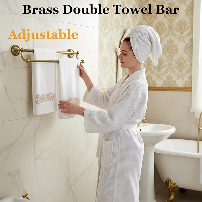 Double Towel Bar, Antique Brass Bathroom Towel Racks Wall Mounted, Adjustable Vintage Gold Towel Bar 13.4-24.8 Inch Usable Bar Length, Heavy Duty Rustproof Brass Towel Rod Holder for Bath