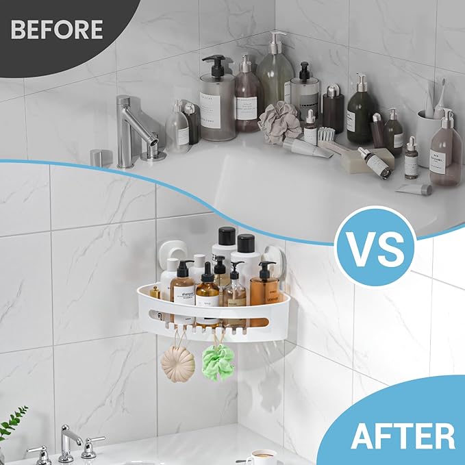 LUXEAR Corner Shower Caddy Suction Cup No-Drilling Removable Shower Caddy Basket Powerful Suction Bathroom Shower Shelf Waterproof & Rustproof Organizer for Bathroom Storage - White