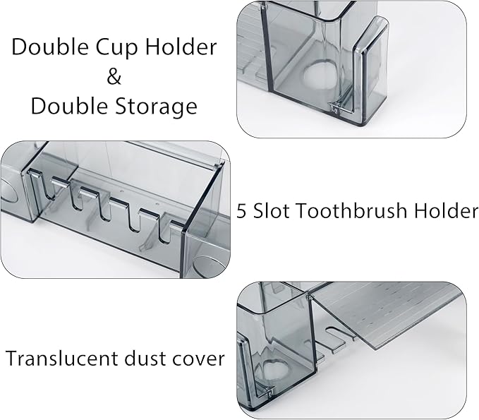5 Slots Wall Mount Toothbrush Holder with Cover, Self Adhesive Toothbrush Storage Organizer for Shower, Toothpaste & Toothbrush Hanger for Bathroom, Medicine Cabinet, Dorm (Gray Large)