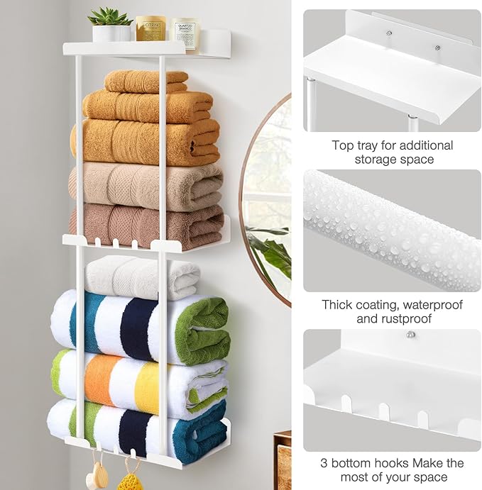 Hommtina Towel Rack Towel Storage for Bathroom,Towel Holder for Bathroom Wall Towels Organizer (White)