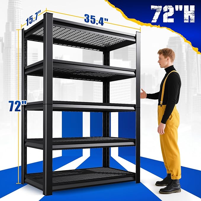 72"H Garage Shelving Heavy Duty, Adjustable Garage Storage Shelves 2500LBS Metal Shelving 5T Wire Shelving Units fou Garage, Utility Shelf Rack for Warehouse,Basement, Shop, 72''H x 35.4''W x 15.7''D
