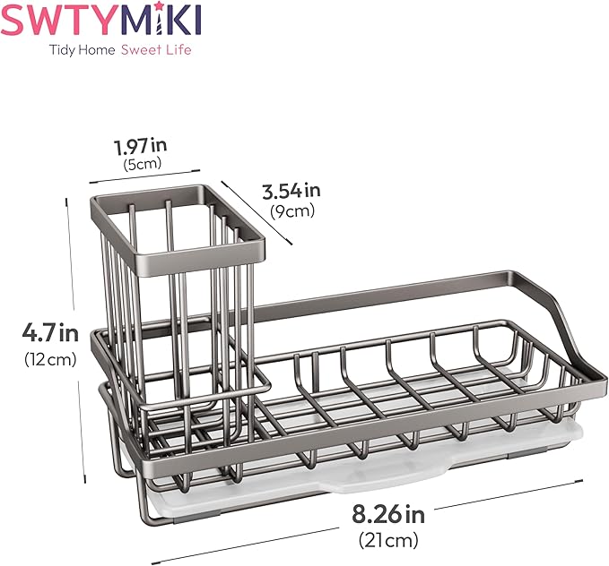 SWTYMIKI Sink Caddy Sponge Holder - Kitchen Sink Organizer with High Brush Holder for Countertop to Hold Dish Soaps and Sponges, Stainless Steel, Sand Nickel