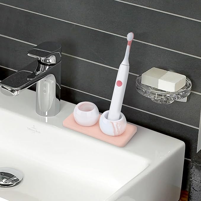 2 Pack Ceramic Toothbrush Holder with Diatomite Toothbrush Tray for Bathroom Shower Countertop Storage Organizer, Small Toothpaste Razor Electric Tooth Brush Head Stand (Pink)