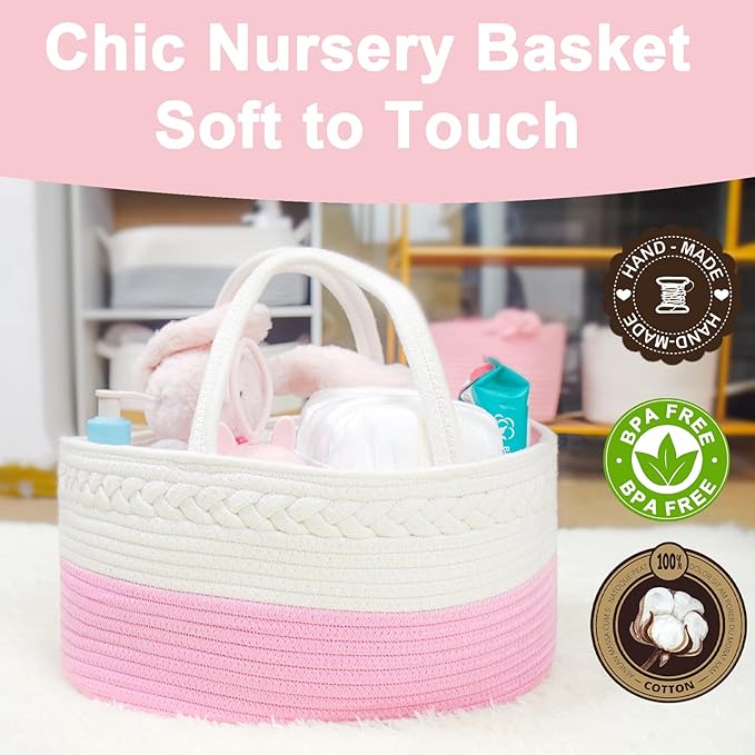 ABenkle Diaper Caddy Organizer, Boho Rustic Cotton Rope Nursery Baby Basket, Changing Table Organizer for Baby Diaper Storage and Baby Shower