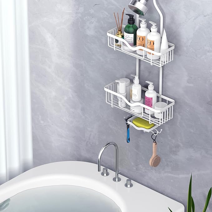 Shower Caddy Hanging, Bathroom Shower Rack, Bathroom Organizer with Soap Dish, Over The Showerhead Caddy with Hooks for Razor/Sponge, Soft White (Assembly Required)