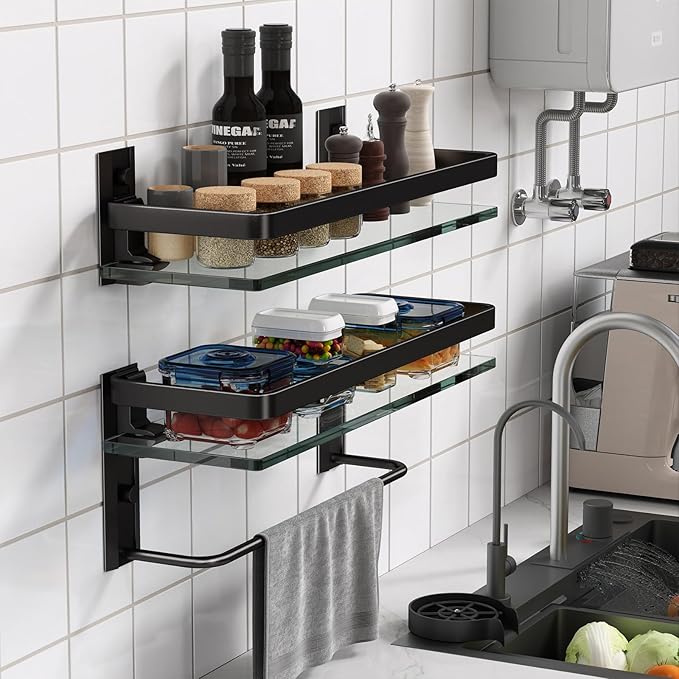 Danpoo Bathroom Shelves Wall Mounted, Clear Tempered Glass Shelf with Towel Bar, Hand Towel Holder(Matte Black)