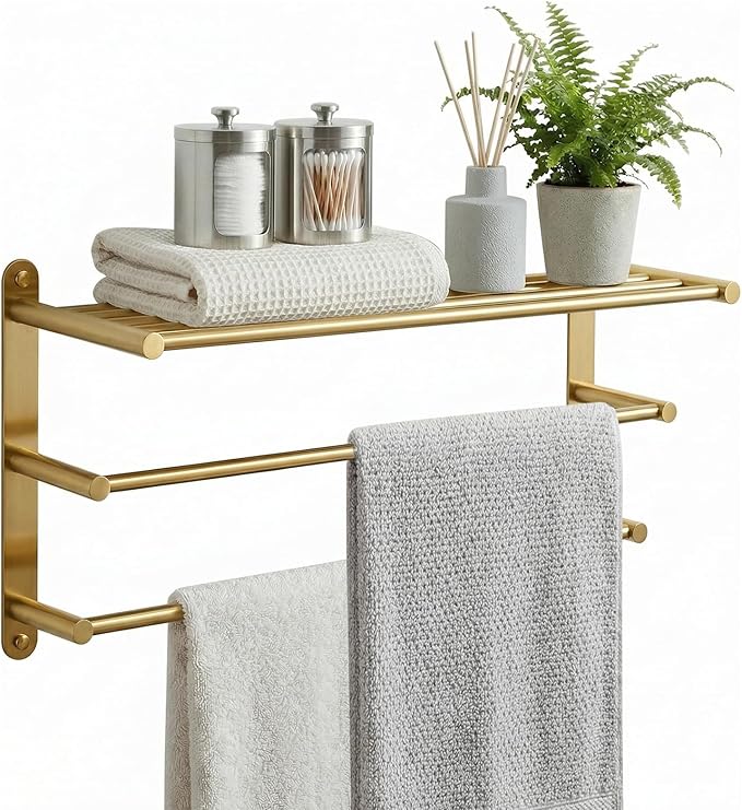 24 Inch Towel Racks for Bathroom: Brushed Gold Towel Rack with Double Towel Bar Wall Mounted - SUS304 Stainless Steel Bath Towel Holder with Shelf for Hotel Lavatory