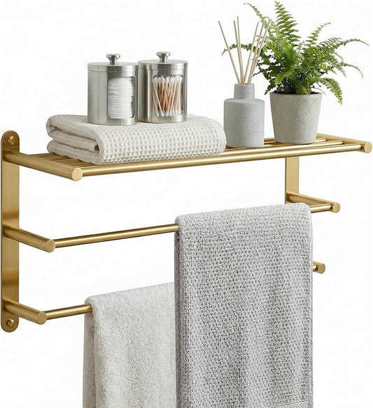 24 Inch Towel Racks for Bathroom: Brushed Gold Towel Rack with Double Towel Bar Wall Mounted - SUS304 Stainless Steel Bath Towel Holder with Shelf for Hotel Lavatory