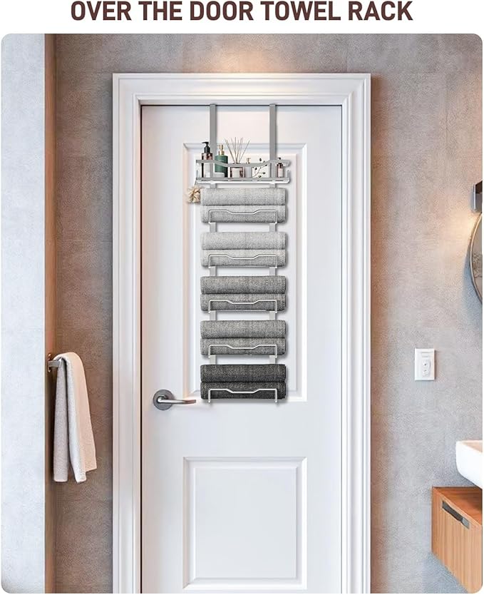 Aetyord Hanging Towel Racks for Bathroom No Drill - Over The Door 6-Tier Bath Towel Storage Organizer for Small Bathrooms-Back Door Large Tiered Towel Holder Hanger for Rolled Towels RV Camper Silver