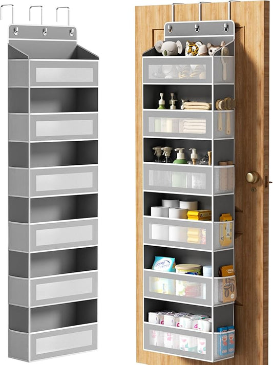 6-Tier Over The Door Organizer with Large Pocket, Over the Door Storage 12 Side Pockets, Hanging Door Organzier 44 lb Load Behind Door Storage Hanging Shelf for Closet Wall Bathroom Nursery, Grey