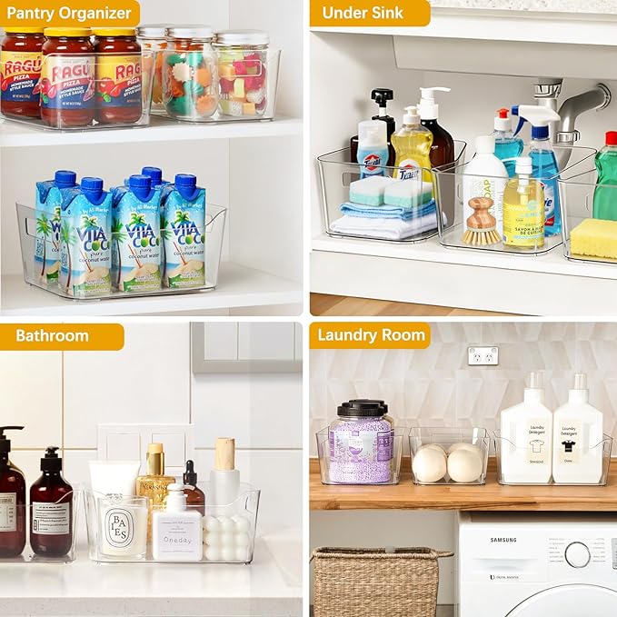 Hudgan 8 Pack Clear Pantry Organizer Bins for Kitchen, Clear Plastic Storage Bins for Bathroom, Pantry Organizer Containers for Home Edit, Drawer, Under Sink, Fridge