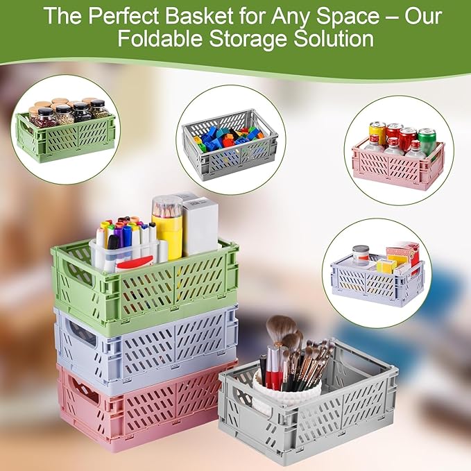 HUUSMOT 2-Pack Small Pastel Plastic Storage Baskets, Collapsible Crates for Organizing, Space-Saving Mini Bins for Classroom, Kitchen, Office, Bedroom (Blue, 9.8" x 6.5" x 3.8")