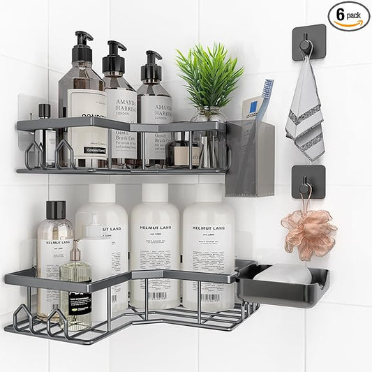 Adhesive Shower Caddy, 6 Pack Corner Bath Organizer, Rustproof Stainless Steel Shower Shelves with Large Capacity, No Drilling Shelves for Bathroom Storage, Home, Kitchen Decor (Dark Grey).