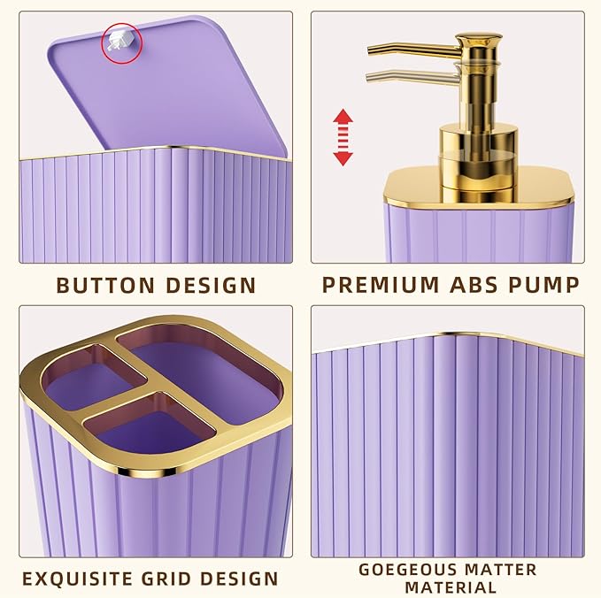 XLHOMO Bathroom Accessories Set - Gorgeous Bathroom Set, 10PC Purple Bathroom Accessory Set, Toilet Brush, Trash Can & Soap Dispenser
