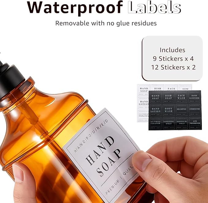 Amber Glass Soap Dispenser with Pump,Tray,Funnel, Countertop Soap and Lotion Dispenser Set of 2 with 60 Stickers, Dish and Hand Soap Dispenser Bottle for Kitchen,Bathroom,Shower,500ml/16.9oz