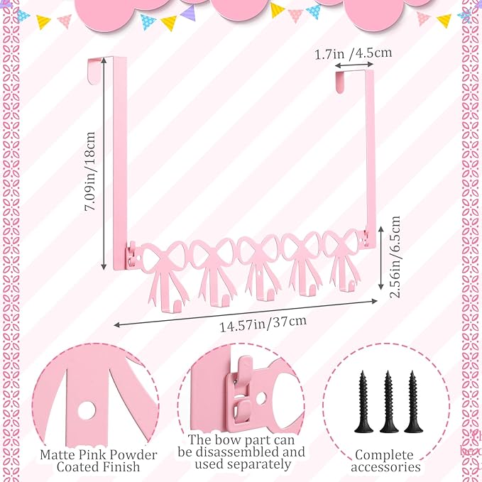 AceOrbit Pink Bow Over The Door Hooks Hanger Wall Mount Towel Hanger Door Holder Organizer 5 Hooks Kawaii Farmhouse Rustic Coquettish Style Decor for Bedroom Bathroom Towel Hat Clothes