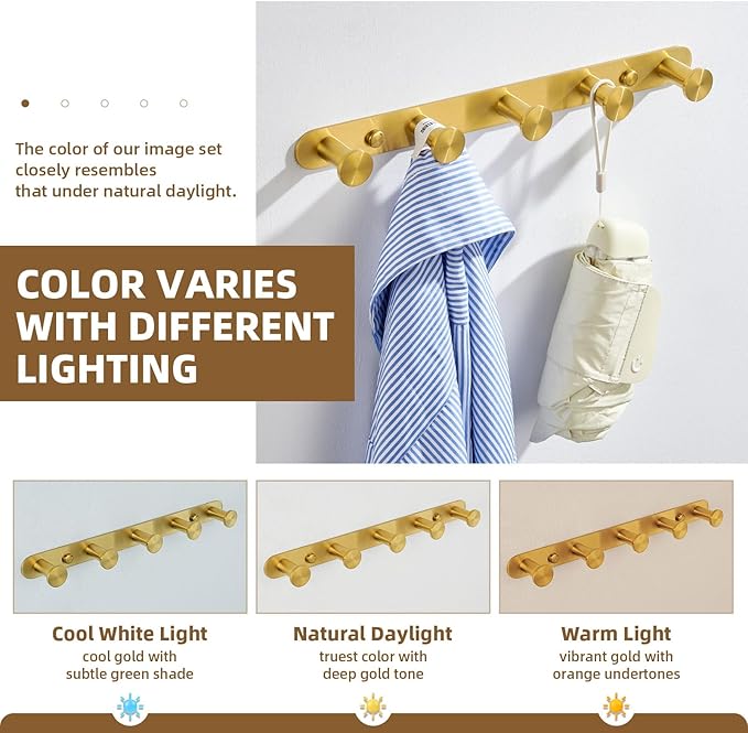 Angle Simple Towel Hook Rack Brushed Dark Gold, SUS304 Stainless Steel Bathroom Hook Rail 5 Hooks, Utility Kitchen Towel Holder, Wall Mount