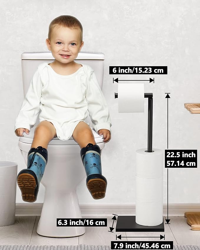 Free Standing Bathroom Toilet Paper Holder Stand with Reserve, Stainless Steel Pedestal Tissue Roll Holder, Black DECLUTTR